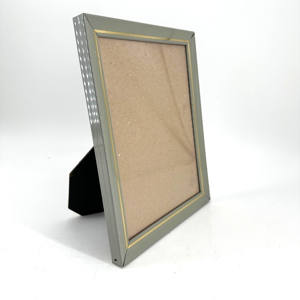 Vintage Gray Enamel Metal 8x10 Picture Frame - Gold Trim Tabletop Display